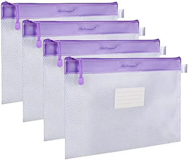 Main image of Zipper File Bag, Wisdompro 4 Pack A4 Size Paper Document Storage File Zipper Pouches Holder with Label Pocket Organizer for Office Documents, Business Receipts, User Manual- Purple