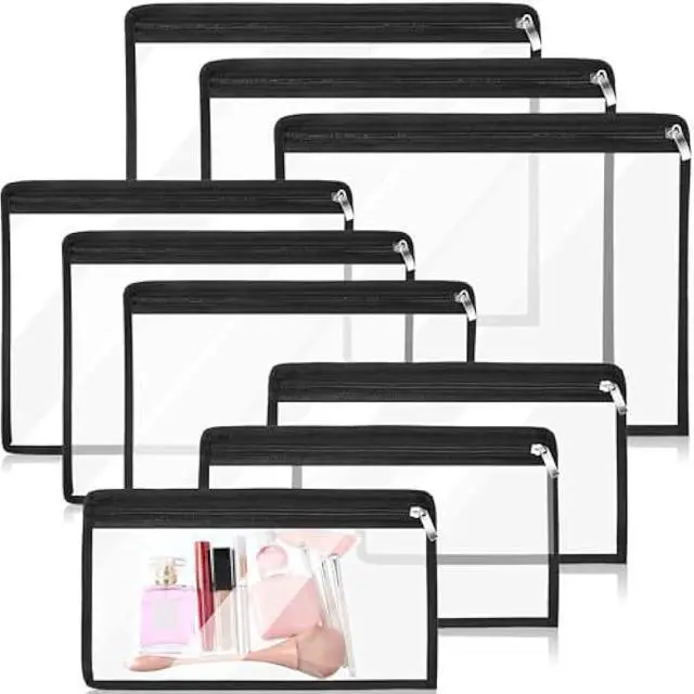 Main image of Chengu 9 Pack Clear Zipper Pouches Multipurpose PVC Waterproof Pouch Document Bag for Teacher School Office Supplies Clear Travel Bags for Cosmetic Wallet Pencil Organize(Black Side)