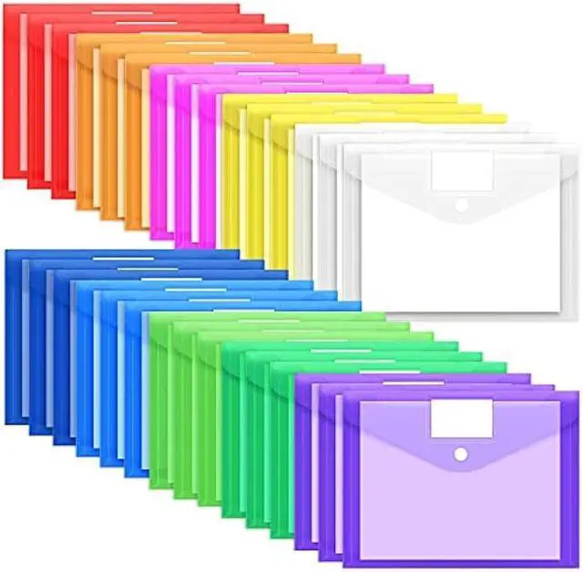 Main image of EOOUT 30 Pack 10 Color Plastic Envelopes Poly Envelopes, Hook & Loop Closure File Folders Clear Document Folders File Envelopes with Label Pocket A4 Size