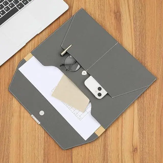 Alt view image 2 of 7 - VANRA File Folder Document Holder Organizer Waterproof Portfolio PU Leather Folder Case with 3 Pockets, Filing Envelopes for A4 Letter Size Paper with Snap Magnetic Button Closure (Gray)