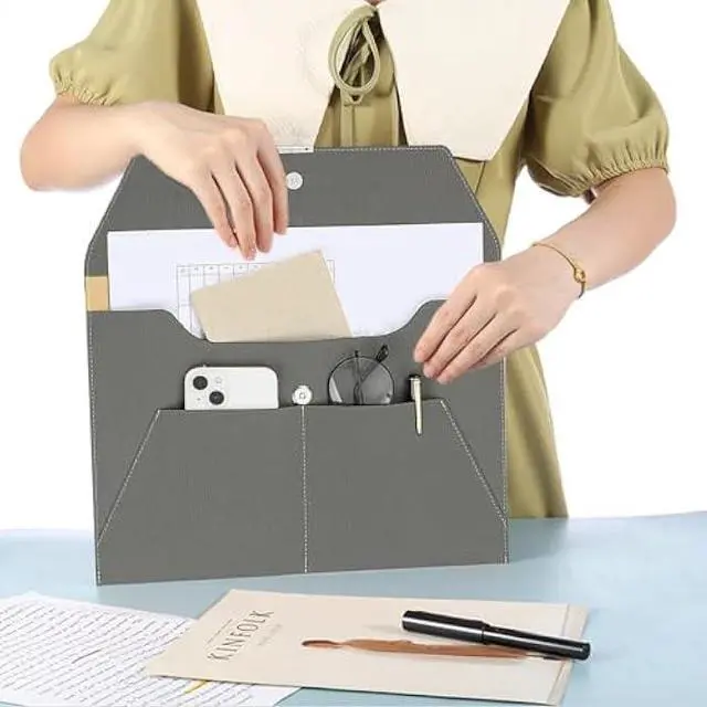 Alt view image 5 of 7 - VANRA File Folder Document Holder Organizer Waterproof Portfolio PU Leather Folder Case with 3 Pockets, Filing Envelopes for A4 Letter Size Paper with Snap Magnetic Button Closure (Gray)