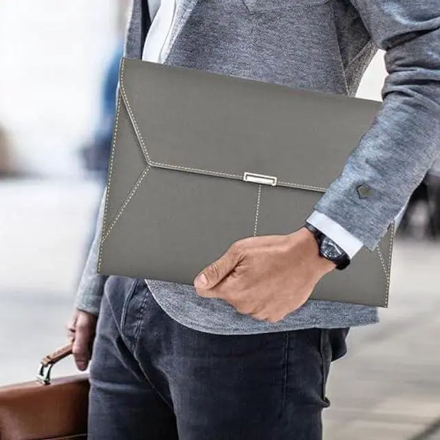 Alt view image 6 of 7 - VANRA File Folder Document Holder Organizer Waterproof Portfolio PU Leather Folder Case with 3 Pockets, Filing Envelopes for A4 Letter Size Paper with Snap Magnetic Button Closure (Gray)