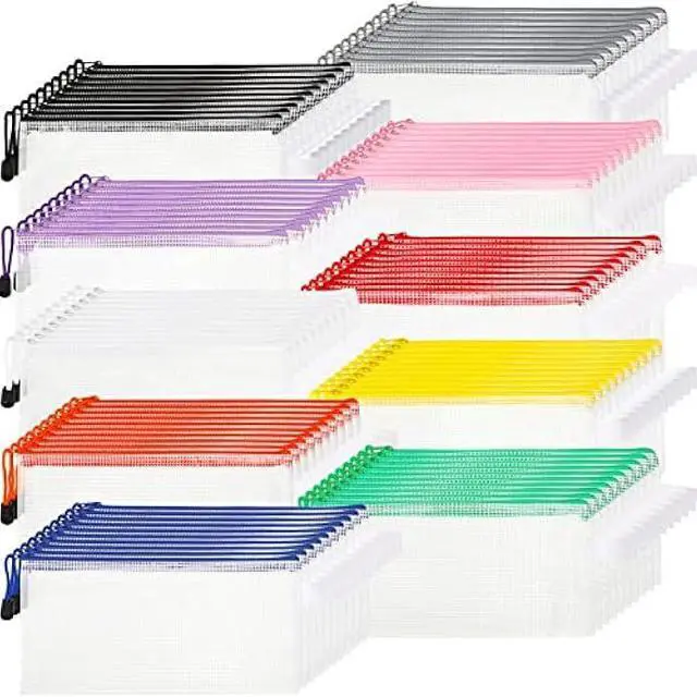 Main image of 100 Pack Mesh Zipper Pouch Pencil Pouches Bulk Clear File Bag Waterproof Document Pouch Multipurpose for Office Travel Puzzles Games Organizing (White Pouch Multicolor Zipper, A6/9.45x4.53in)