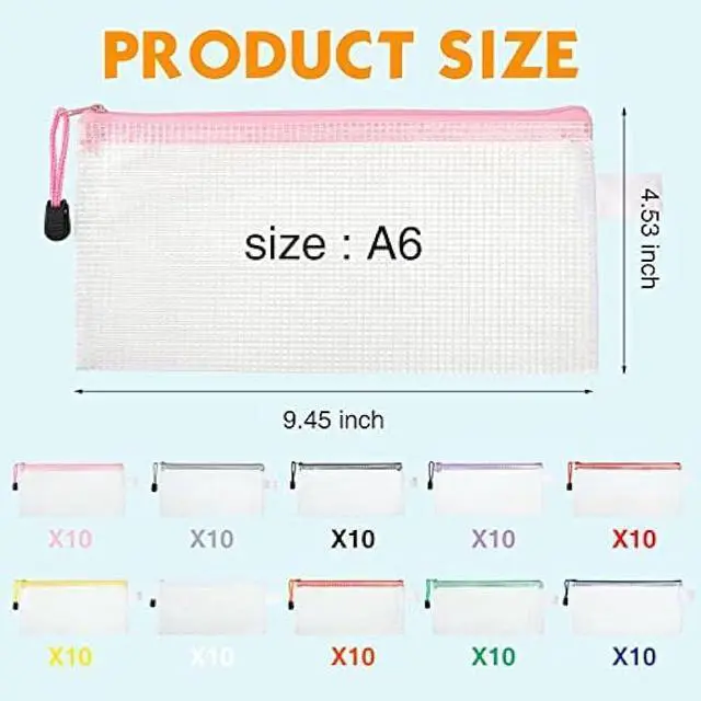 Alt view image 2 of 6 - 100 Pack Mesh Zipper Pouch Pencil Pouches Bulk Clear File Bag Waterproof Document Pouch Multipurpose for Office Travel Puzzles Games Organizing (White Pouch Multicolor Zipper, A6/9.45x4.53in)