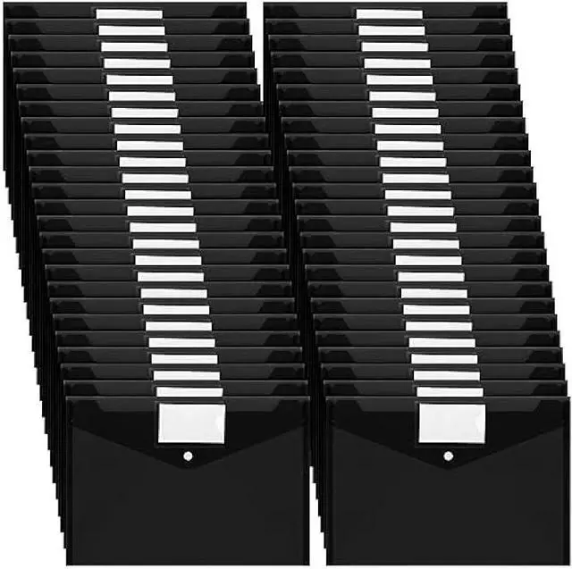Main image of Yeaqee 50 Pcs Plastic Envelopes Poly Envelopes File Folders with Snap Button Closure Clear Folders for Documents US Letter A4 Size Filing Holder with Label Pocket for Home Office School(Black)