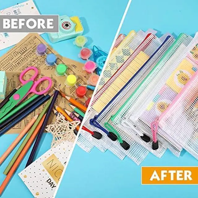 Alt view image 5 of 6 - 100 Pack Mesh Zipper Pouch Pencil Pouches Bulk Clear File Bag Waterproof Document Pouch Multipurpose for Office Travel Puzzles Games Organizing (White Pouch Multicolor Zipper, A6/9.45x4.53in)