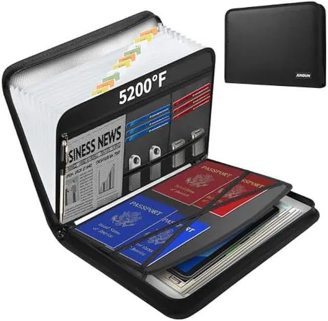 Main image of JUNDUN 5200 Fireproof Document Organizer, Multi-Pockets Accordion File Organizer with Zipper & Labels, Upgraded Heat Insulated 13 Pockets Expanding File Folder for Letter A4 Files and More