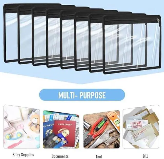 Alt view image 3 of 5 - Outus 8 Pcs Clear Zipper Pouches Pencil Pouches PVC Makeup Pouch Envelopes Folder Storage Multi Purpose Pouch Document File Organization Bags, Office Supplies (Black Edging, 9.8 x 8 Inches)