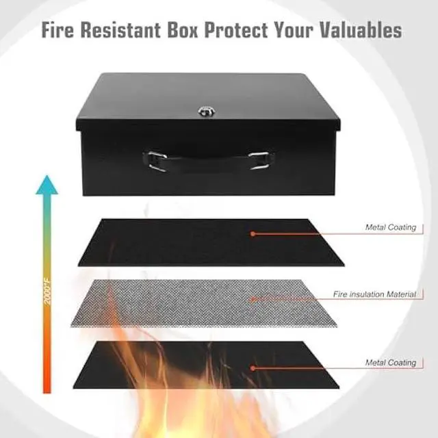 Alt view image 3 of 5 - Fireproof Document Box,X Large Fire Resistant Safe Box with Key Lock for Home, Portable Fireproof Lock Box for Personal Items, Passport, Cash, Tablet, Exterior 13.2 x 11 x 4.13