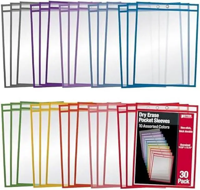Main image of Dry Erase Pocket Sleeves, 30 Count, Crystal Clear, by Better Office Products, Oversized, 10.25 x 13.75, Heavy Duty Dry Erase Pocket Sheet Protectors, Reusable Pockets with 10 Assorted Colors,30 Pack