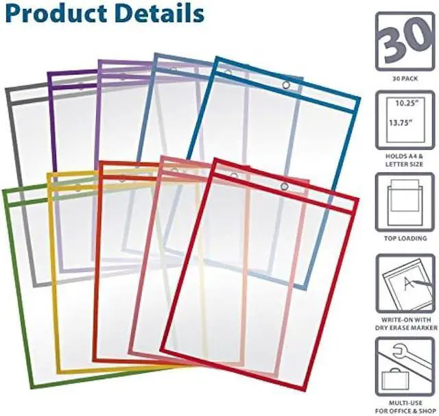 Alt view image 3 of 5 - Dry Erase Pocket Sleeves, 30 Count, Crystal Clear, by Better Office Products, Oversized, 10.25 x 13.75, Heavy Duty Dry Erase Pocket Sheet Protectors, Reusable Pockets with 10 Assorted Colors,30 Pack