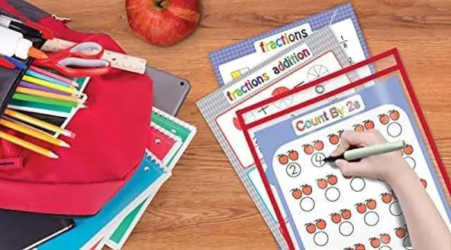 Alt view image 2 of 5 - Dry Erase Pocket Sleeves, 30 Count, Crystal Clear, by Better Office Products, Oversized, 10.25 x 13.75, Heavy Duty Dry Erase Pocket Sheet Protectors, Reusable Pockets with 10 Assorted Colors,30 Pack