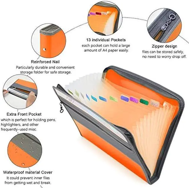 Alt view image 3 of 5 - NAFY Expanding File Folder, 13 Pockets Document Organizer with Zipper, A4 Letter Size Portable Accordion Expanding File Folders with 27pcs Multicolor Labels for Home Office School Supplies (Orange)