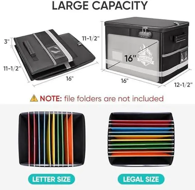 Alt view image 4 of 6 - BALEINE Fireproof Document Box with Lock, Portable Fireproof Document Bag Waterproof Fire Proof File Boxes for Documents, File Organizer Box for Important Paperwork (Black, 16''x12.5''x11.5'')