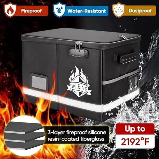 Alt view image 5 of 6 - BALEINE Fireproof Document Box with Lock, Portable Fireproof Document Bag Waterproof Fire Proof File Boxes for Documents, File Organizer Box for Important Paperwork (Black, 16''x12.5''x11.5'')