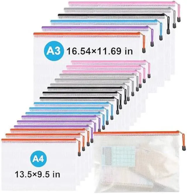 Main image of Jicsetk Mesh Zipper Pouches,Zipper Bags A3 A4 Size,24 Pcs Plastic Storage Bags for Classroom Organization,Craft Project,Board Game and Travel Storage.