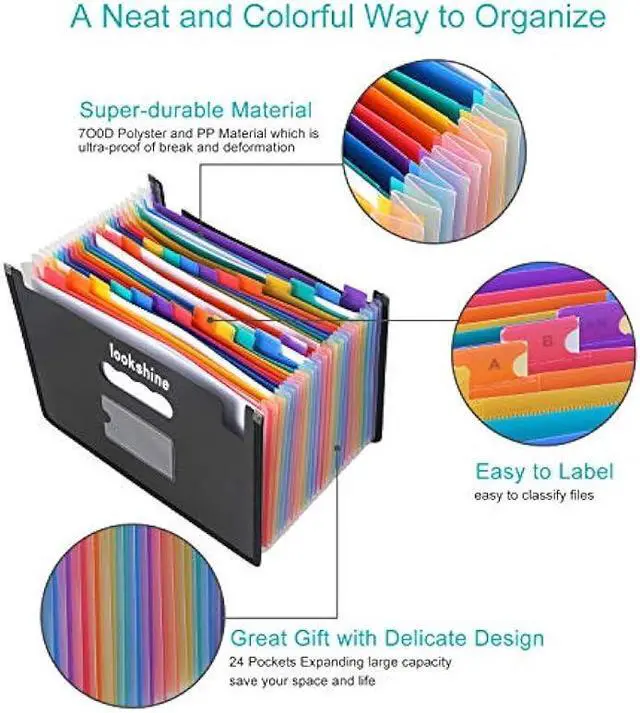 Alt view image 4 of 7 - LOOKSHINE 24 Pockets Expanding File Folders,Portable Accordion A4 Expandable File Organizer, Large Capacity Multicolour Stand Plastic Business File Bag for Business/Office/Study