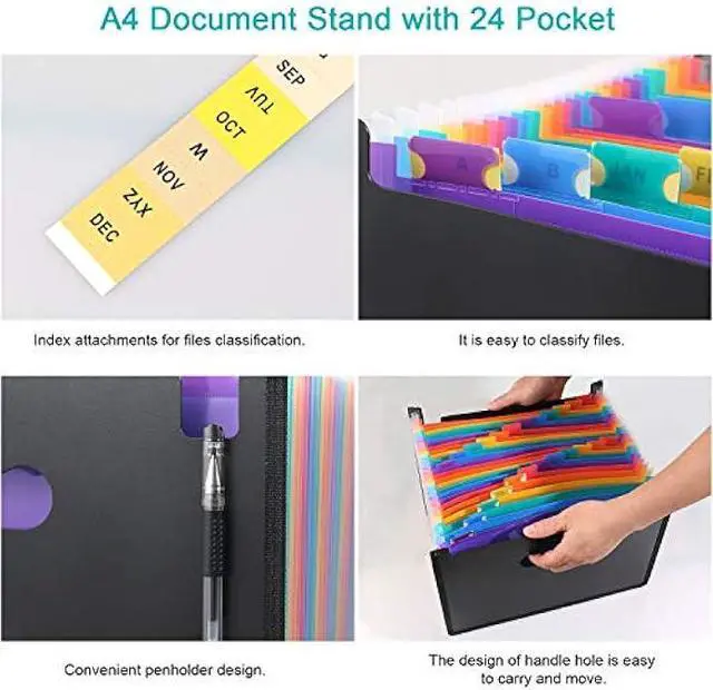 Alt view image 7 of 7 - LOOKSHINE 24 Pockets Expanding File Folders,Portable Accordion A4 Expandable File Organizer, Large Capacity Multicolour Stand Plastic Business File Bag for Business/Office/Study