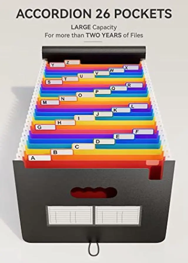 Alt view image 2 of 5 - Expanding File Folders Organizer 26 Pockets/Expandable Accordian File Organizer Bag A4/Letter Size Plastic Folders with Colored Labels Tabs for Office/Home/Document/Paper Organizer