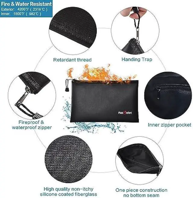 Alt view image 3 of 6 - Fireproof Safe Money Document Bags - 2 Pack 13.4 x 9.8 and 10.6 x 6.7 Waterproof Zipper Bag, Fire & Water Resistant Storage Organizer Pouch for A4 A5 Documents Holder,File,Cash,Passport (Black)