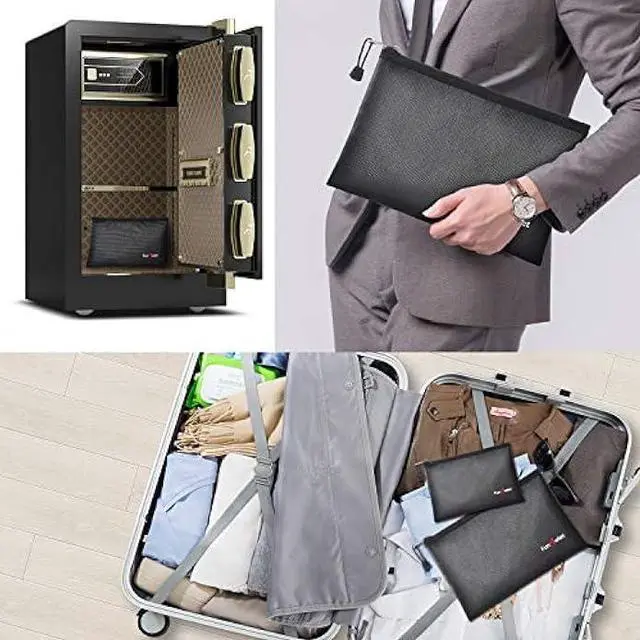 Alt view image 6 of 6 - Fireproof Safe Money Document Bags - 2 Pack 13.4 x 9.8 and 10.6 x 6.7 Waterproof Zipper Bag, Fire & Water Resistant Storage Organizer Pouch for A4 A5 Documents Holder,File,Cash,Passport (Black)