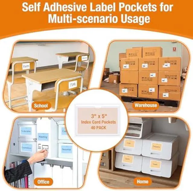 Alt view image 4 of 7 - 40 PCS Index Card Pockets, Self Adhesive Card Pockets 3x5 with Top Open, Clear Label Pockets for Storage Bins, Plastic Labels Holders for Organizing, Loading, Drawer,Library Card, Totes, Shelves