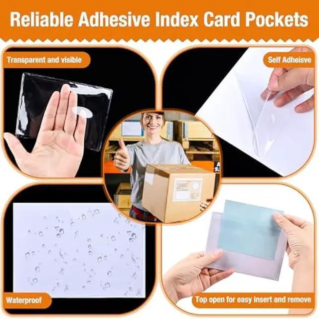 Alt view image 3 of 7 - 40 PCS Index Card Pockets, Self Adhesive Card Pockets 3x5 with Top Open, Clear Label Pockets for Storage Bins, Plastic Labels Holders for Organizing, Loading, Drawer,Library Card, Totes, Shelves