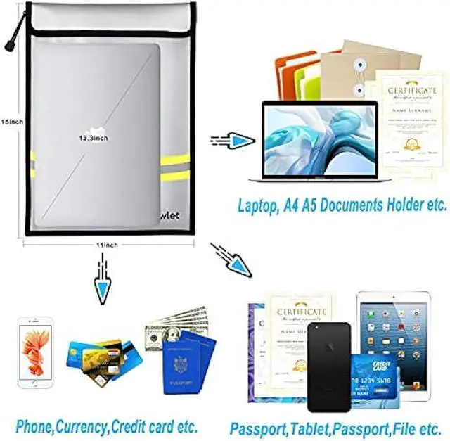 Alt view image 4 of 6 - Fireproof Waterproof Money Document Bag - 15 x 11 Upgraded Zipper Bags, Fire & Water Resistant Storage Organizer Pouch for A4 A5 Documents Holder,File,Cash,Jewelry,Passport,Tablet,Laptop (Gray)