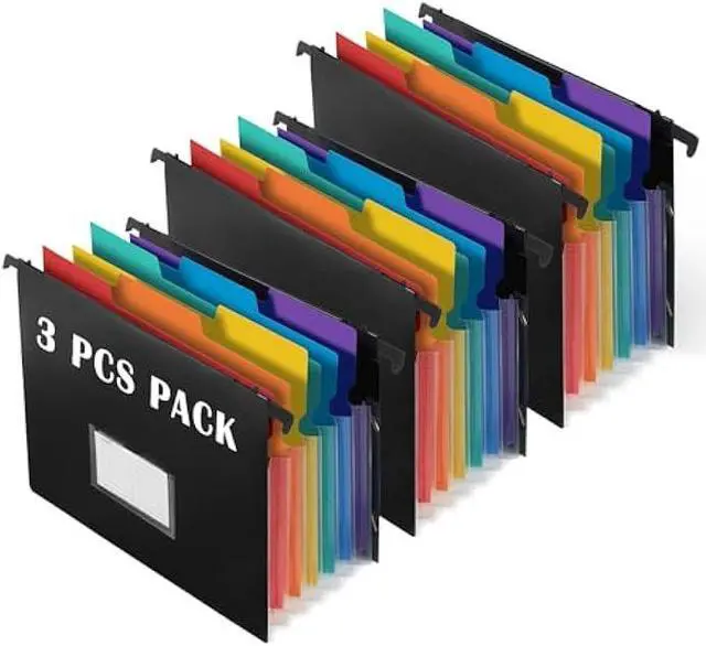 Main image of TRANBO 7-Pockets Hanging File Folder with Retractable Hooks for Filing Cabinet, Letter Size Expandable Accordion File Organizer with Elastic Band for File Frame or On-The-Go Use (3 Pack)
