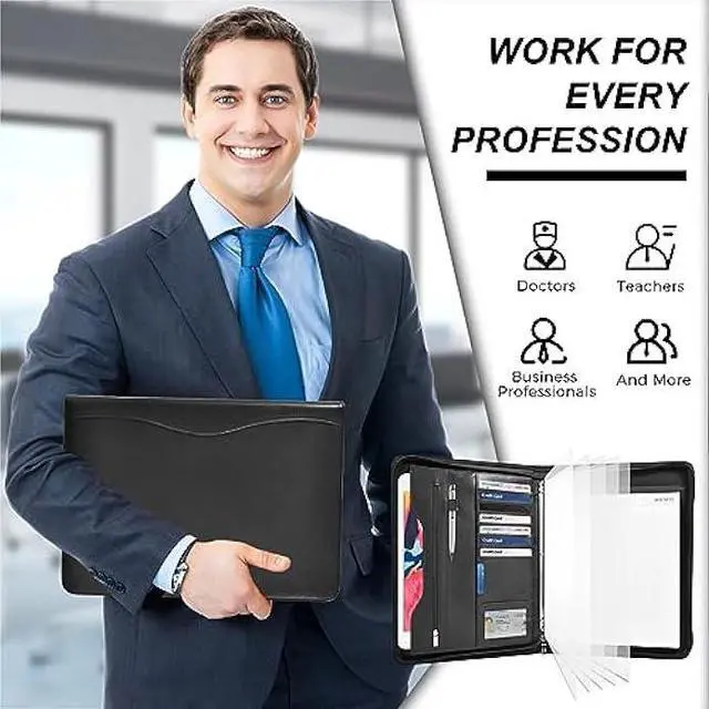 Alt view image 6 of 7 - Deziliao 3-Ring Padfolio Portfolio Binder Organizer, Document Organizer Folio, 10.4 Inch PU Leather Business Portfolio with Zipper, Business Planner Notebook Organizer for Women/MenBlack D00070