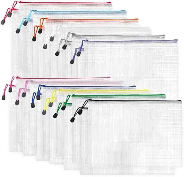 Main image of D-KINGCHY 24Pcs Zipper File Bags, Plastic Mesh Pouch for Office School, Organizer Bags for Cosmetic Travel, Documents Bags for Letter Size (Assorted Color Zipper)