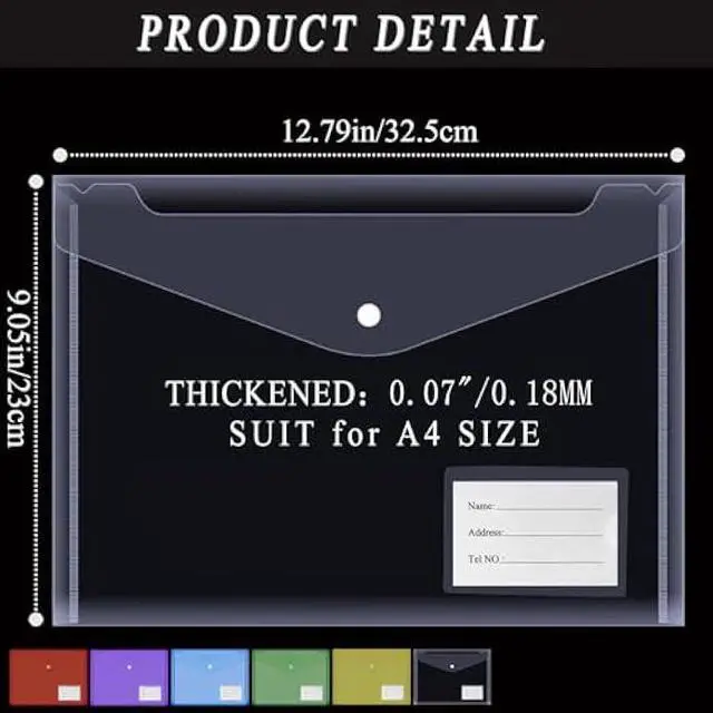 Alt view image 2 of 6 - MerryNine File Folders, 30 Pack A4 Letter Size Plastic Envelopes with Label Pocket, Colored Waterproof File Folder Document Folder for School Home Work Office Organization, 6 Assorted Color