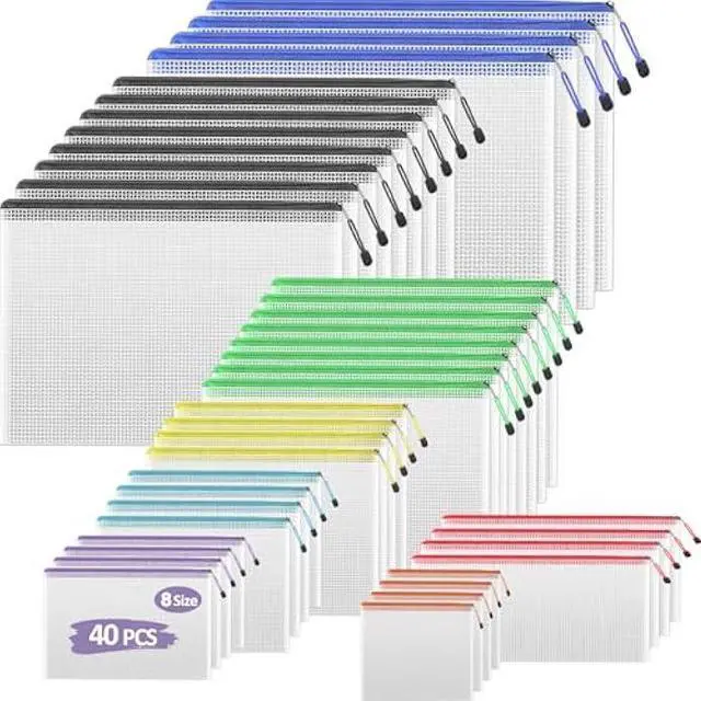 Main image of TKOOFN 40pcs Mesh Zipper Pouch Bags, 8 Size Zipper Bags for Organizing Storage, Waterproof Zipper Pouches, File Document Bags for School, Travel,Toys, Puzzle, Board Games and Office Supplies
