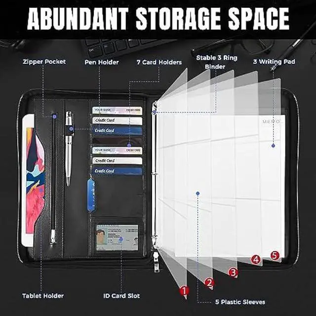 Alt view image 2 of 7 - Deziliao 3-Ring Padfolio Portfolio Binder Organizer, Document Organizer Folio, 10.4 Inch PU Leather Business Portfolio with Zipper, Business Planner Notebook Organizer for Women/MenBlack D00070