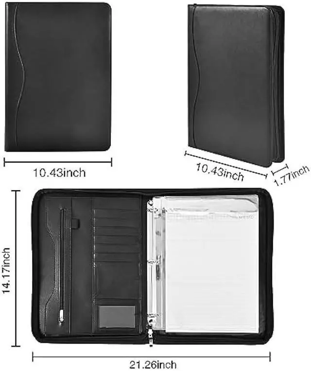 Alt view image 4 of 7 - Deziliao 3-Ring Padfolio Portfolio Binder Organizer, Document Organizer Folio, 10.4 Inch PU Leather Business Portfolio with Zipper, Business Planner Notebook Organizer for Women/MenBlack D00070