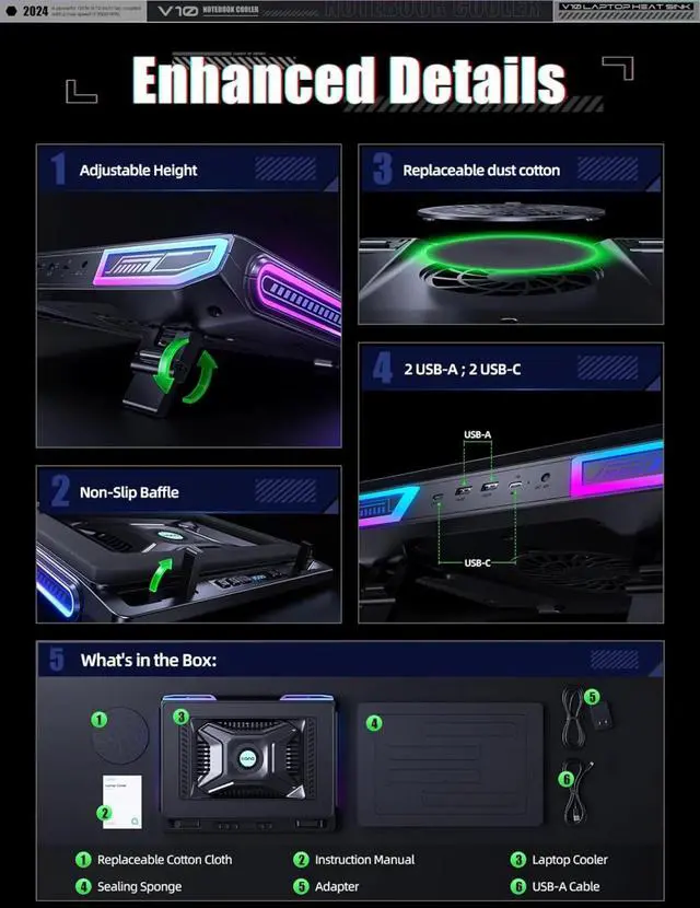 Alt view image 6 of 6 - V10 Gaming Laptop Cooling Pad, RGB Laptop Cooler Stand with Powerful 4.72 Inch External Turbo Cooling Fan