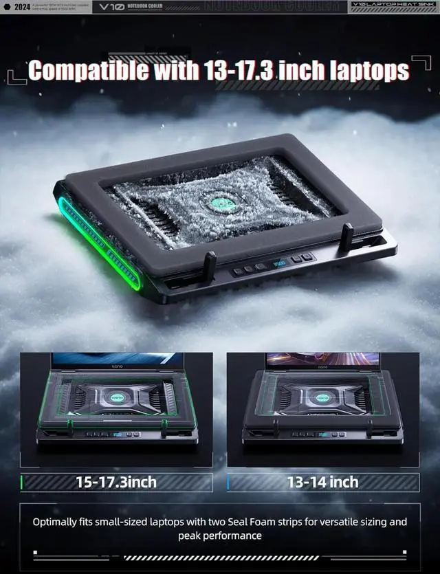 Alt view image 5 of 6 - V10 Gaming Laptop Cooling Pad, RGB Laptop Cooler Stand with Powerful 4.72 Inch External Turbo Cooling Fan