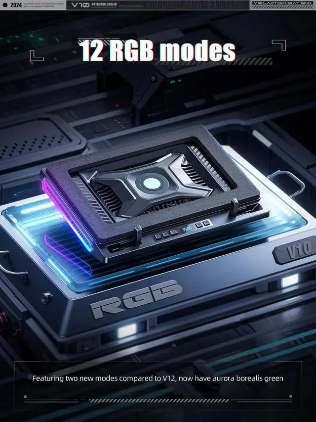 Alt view image 3 of 6 - V10 Gaming Laptop Cooling Pad, RGB Laptop Cooler Stand with Powerful 4.72 Inch External Turbo Cooling Fan