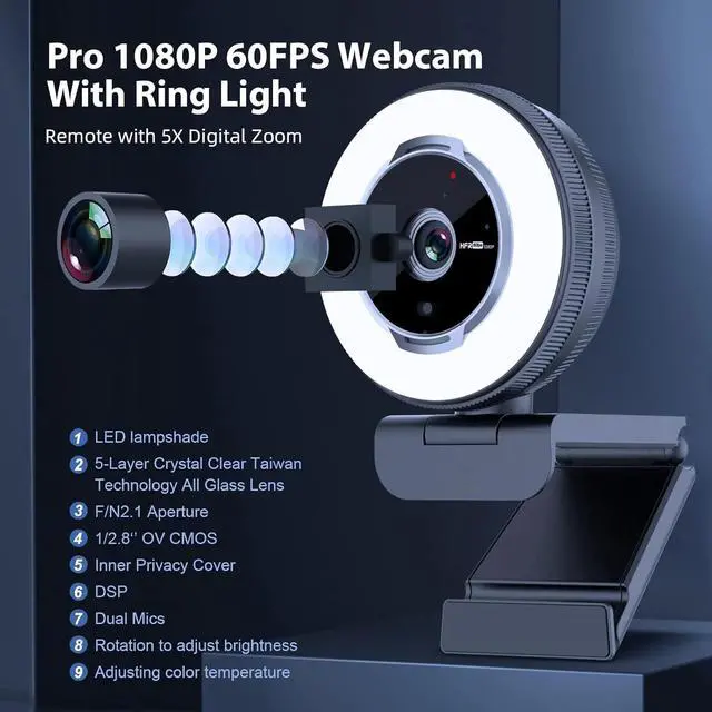 Alt view image 2 of 6 - FOR Webcam with Remote Control, 1080P 60FPS Streaming with Ring Light and Microphone, Pro USB Webcam