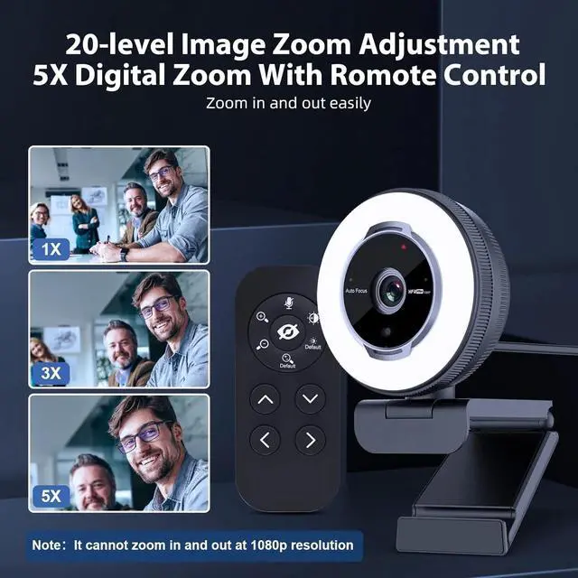 Alt view image 5 of 6 - FOR Webcam with Remote Control, 1080P 60FPS Streaming with Ring Light and Microphone, Pro USB Webcam