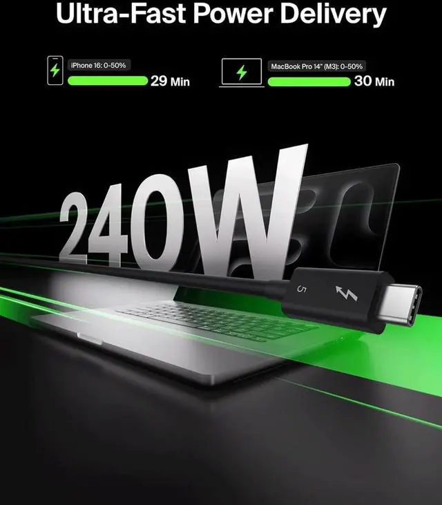 Alt view image 3 of 6 - 3.3ft USB-C Thunderbolt 5 Cable w/ 240W Power Delivery, Bandwidth Boost Up to 120Gbps, 3x Faster Data Transfer - Black