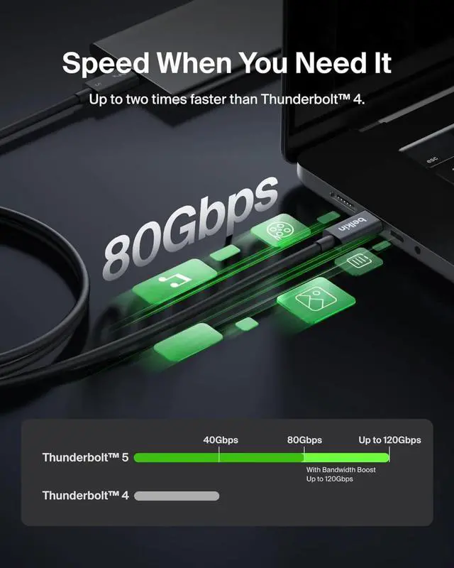 Alt view image 4 of 6 - 3.3ft USB-C Thunderbolt 5 Cable w/ 240W Power Delivery, Bandwidth Boost Up to 120Gbps, 3x Faster Data Transfer - Black