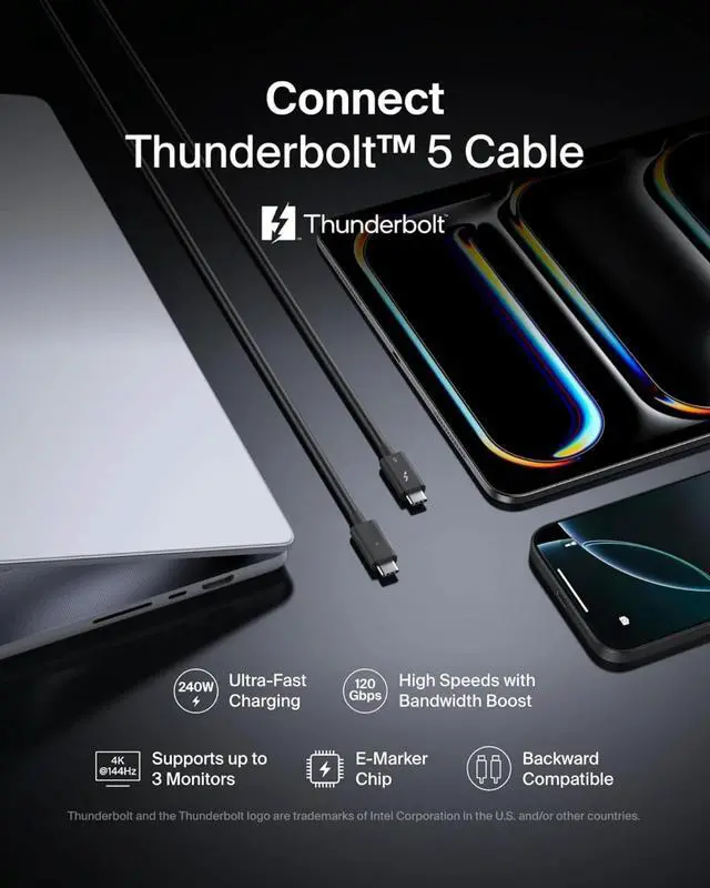 Alt view image 2 of 6 - 3.3ft USB-C Thunderbolt 5 Cable w/ 240W Power Delivery, Bandwidth Boost Up to 120Gbps, 3x Faster Data Transfer - Black