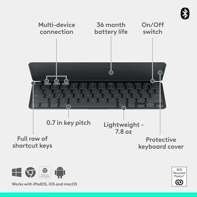 Alt view image 6 of 6 - Portable Wireless with Built-in Cover, Slim and Compact Bluetooth Keyboard, Easily Switch with Devices - Graphite