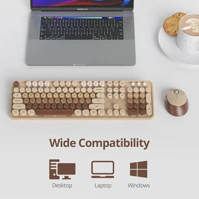 Alt view image 2 of 6 - Wireless Keyboard and Mouse Set, Retro Typewriter Keyboard, 2.4GHz Full Size 104-Key Cute Keyboard (Coffee)