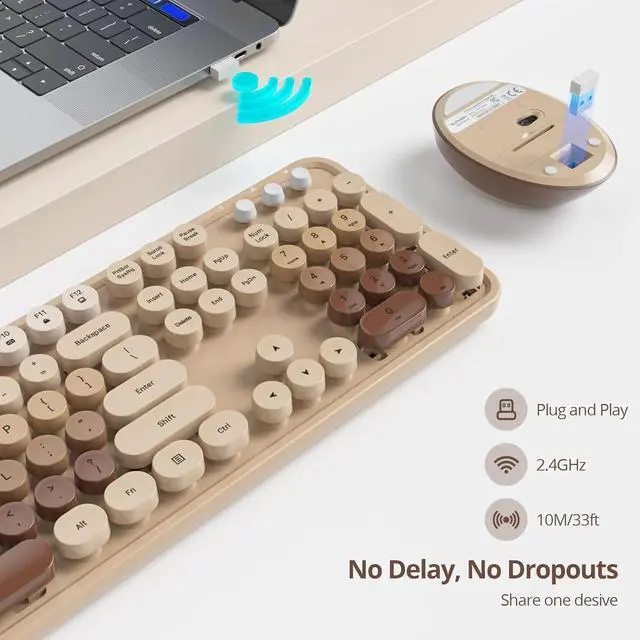 Alt view image 3 of 6 - Wireless Keyboard and Mouse Set, Retro Typewriter Keyboard, 2.4GHz Full Size 104-Key Cute Keyboard (Coffee)