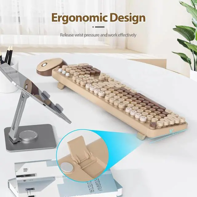 Alt view image 4 of 6 - Wireless Keyboard and Mouse Set, Retro Typewriter Keyboard, 2.4GHz Full Size 104-Key Cute Keyboard (Coffee)