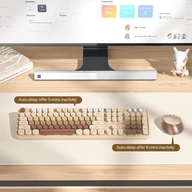 Alt view image 5 of 6 - Wireless Keyboard and Mouse Set, Retro Typewriter Keyboard, 2.4GHz Full Size 104-Key Cute Keyboard (Coffee)