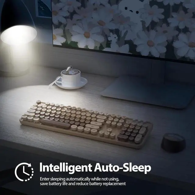Alt view image 6 of 6 - Wireless Keyboard and Mouse Set, Retro Typewriter Keyboard, 2.4GHz Full Size 104-Key Cute Keyboard (Coffee)