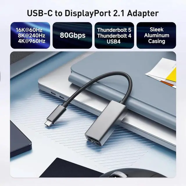 Alt view image 2 of 6 - 80Gbps USB C to DisplayPort 2.1 Adapter - Thunderbolt 5/4, USB4 Compatible with VR Headset, MacBook Pro, iPad Pro, XPS